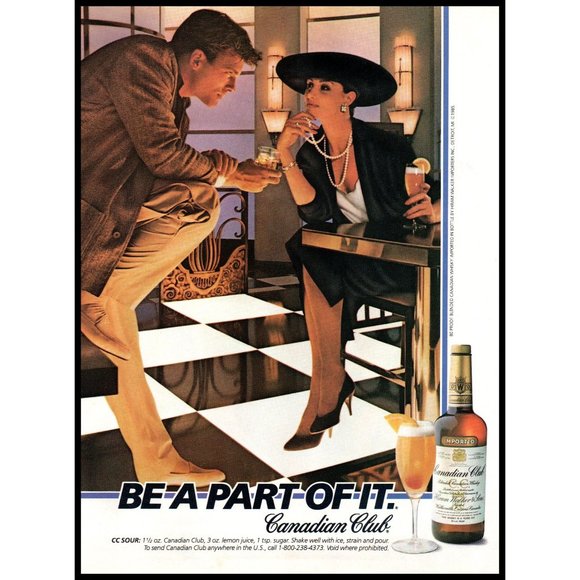 1987 Canadian Club Rye Whisky Vintage Print Ad Night Club Pearls 80s Fashion Art - Picture 1 of 1